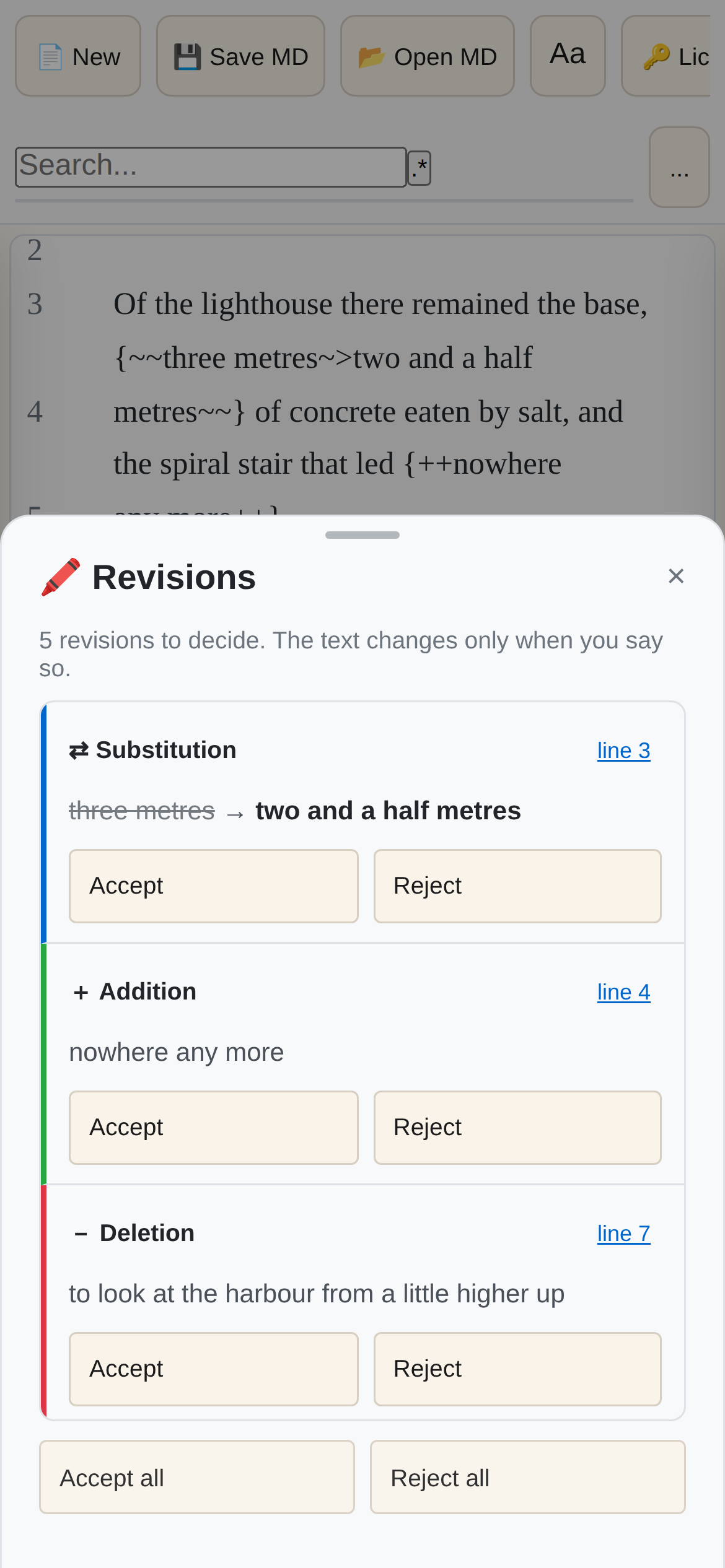 The Revisions panel in PressWork Mobile: every change is accepted or rejected