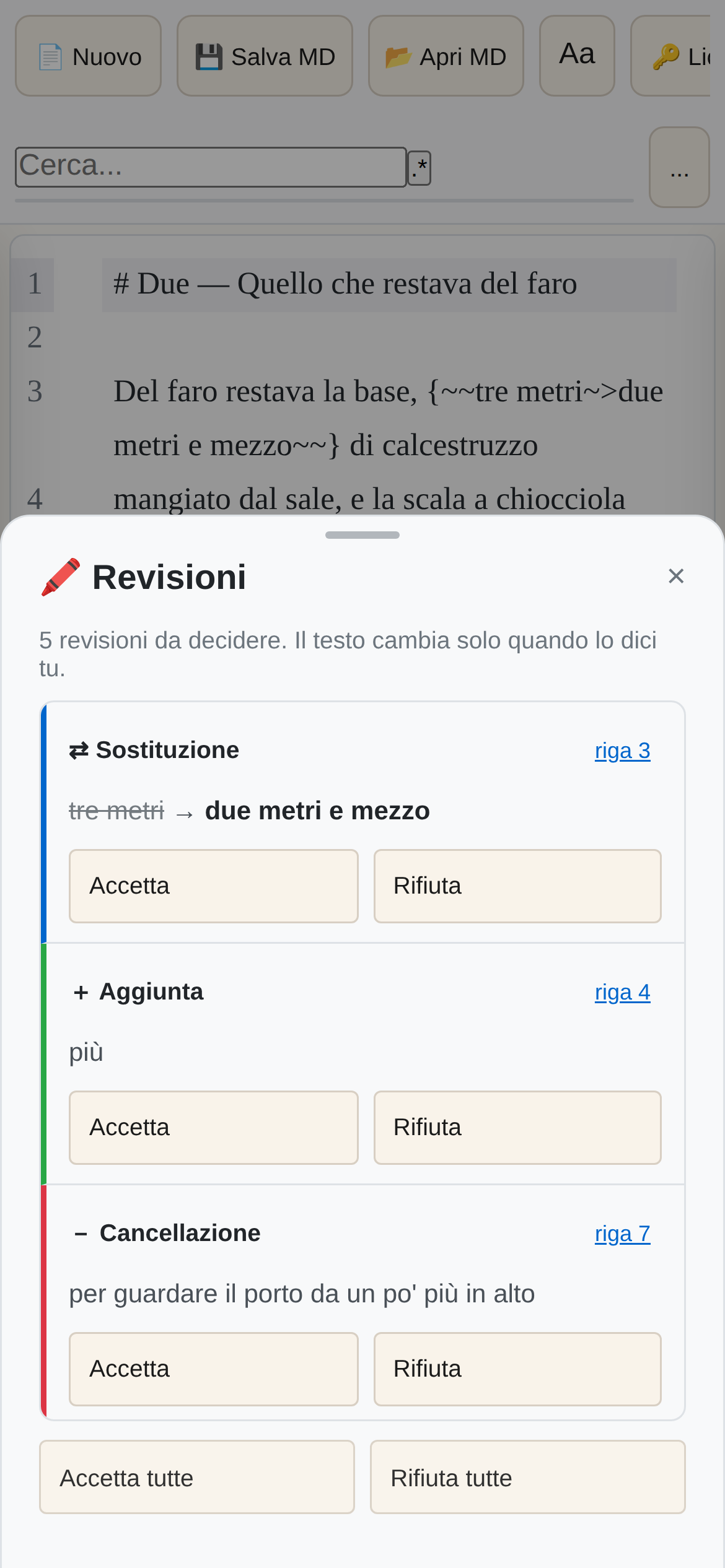 Il pannello Revisioni di PressWork Mobile: ogni correzione si accetta o si rifiuta