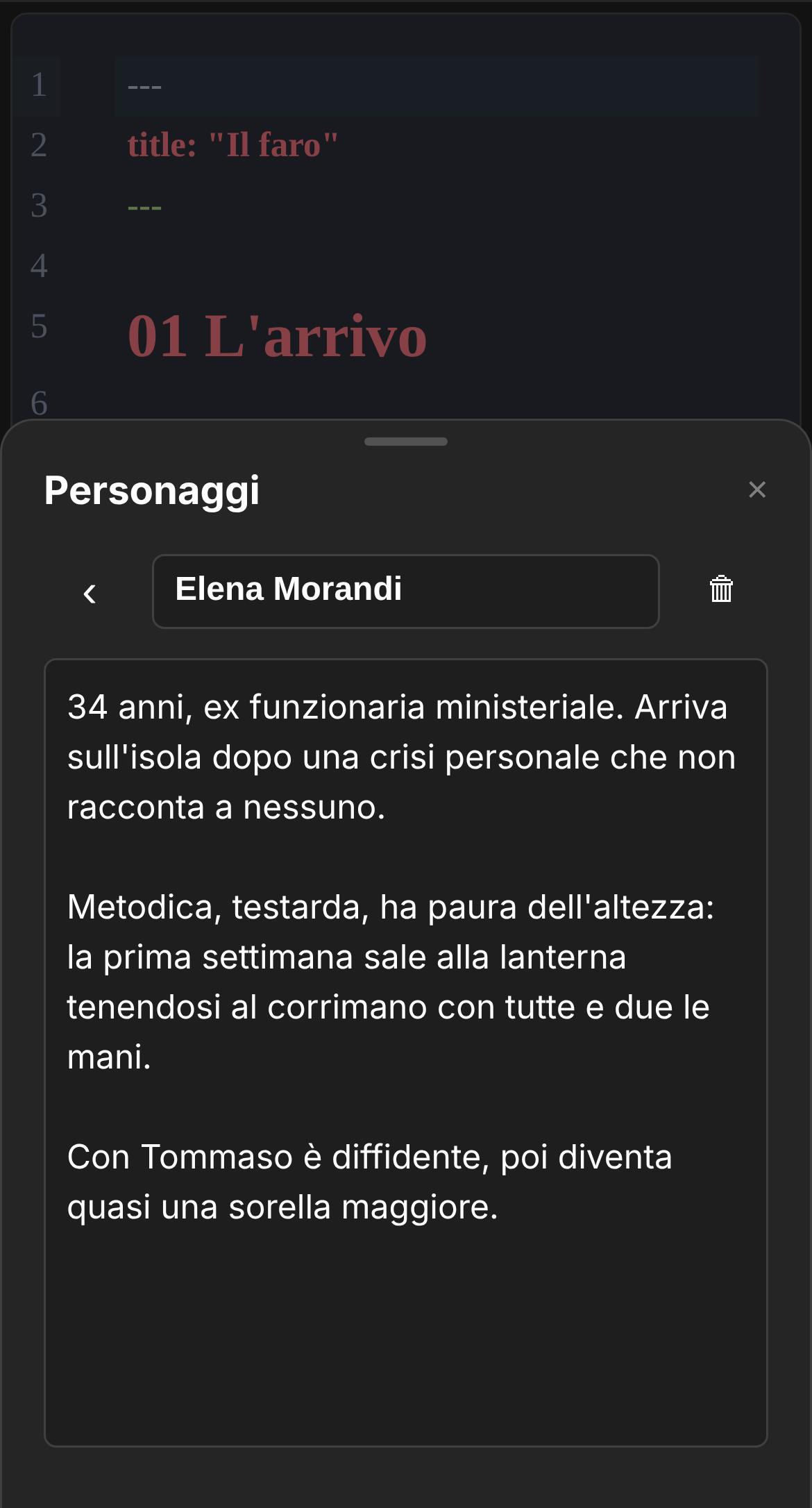 La scheda del personaggio Elena Morandi aperta sopra il testo del capitolo: in cima il nome, sotto la descrizione — età, mestiere, carattere e il rapporto con un altro personaggio.