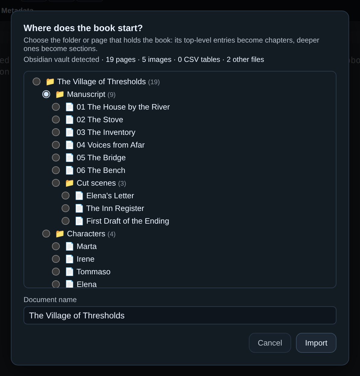 The “Where does the book start?” dialog: the tree of an Obsidian vault, with the Manuscript folder selected and the summary above it — vault detected, 19 pages, 5 images.