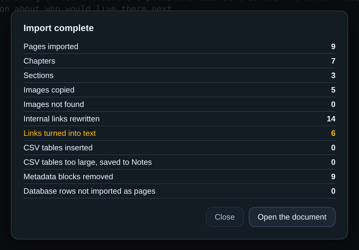 The “Import complete” report: 9 pages imported, 7 chapters, 3 sections, 5 images copied, 14 internal links rewritten and 6 turned into text, highlighted in amber.