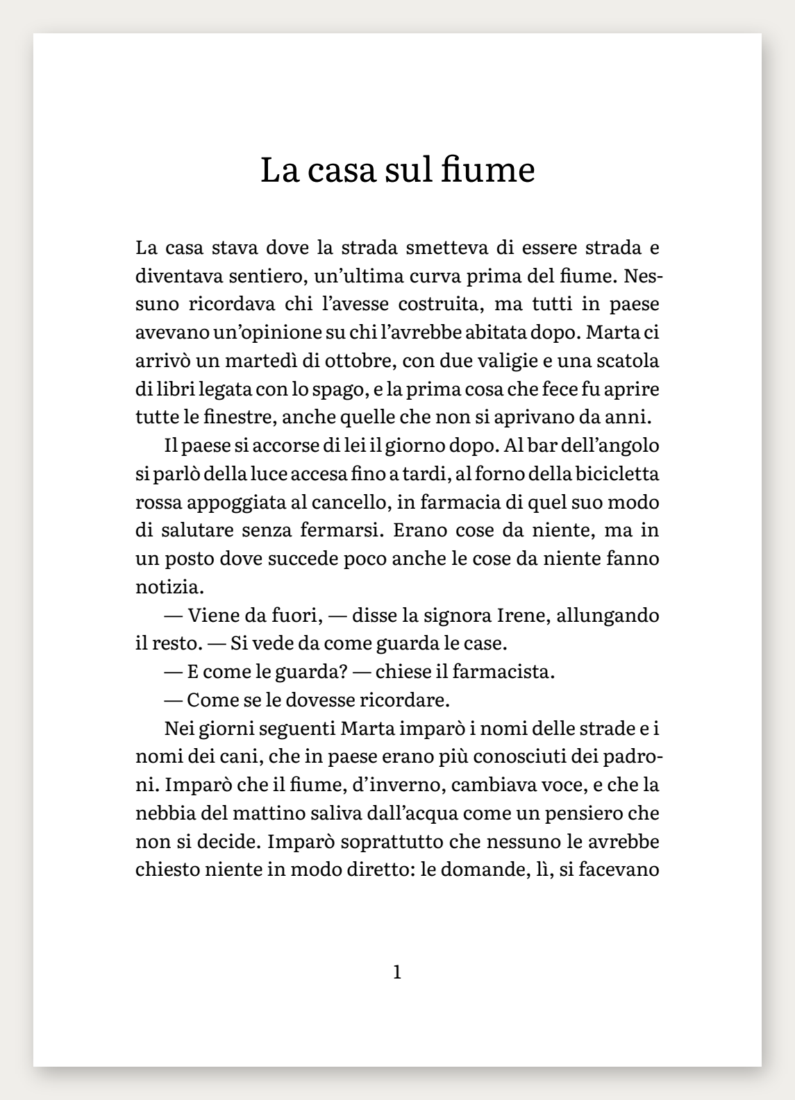 La stessa pagina impaginata da Typst nella 1.0.5: spaziatura regolare, parole spezzate con il trattino a fine riga, apostrofi e virgolette curve.